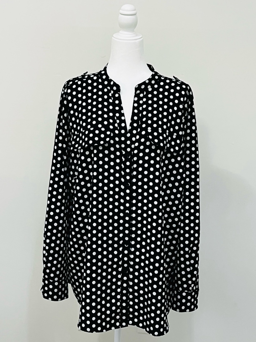 Calvin Klein Polka Dot Blouse Black White Long Sleeve Button Up Utility Shirt